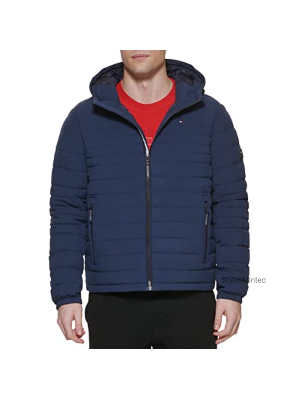 Men's Quilted Stretch Poly Hooded Packable Jacket Zip Pockets